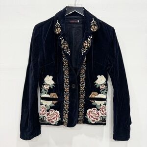Johnny Was Velvet Embroidered Blazer Jacket 3 Button Black Small